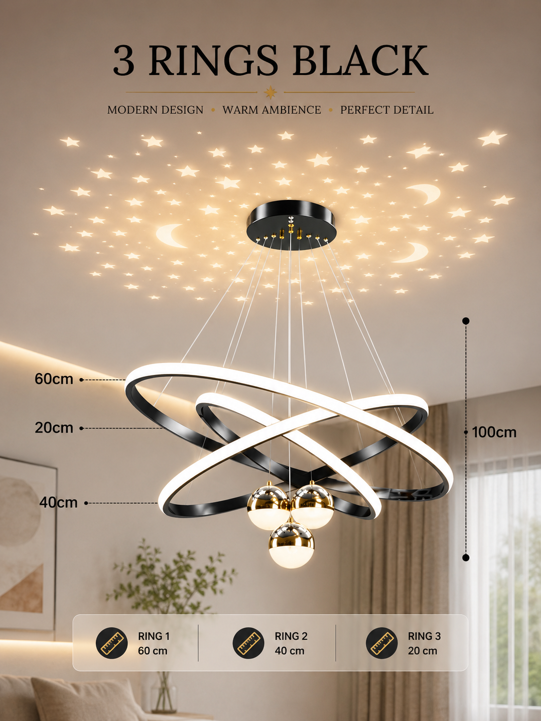 Modern 3- Ring LED Chandelier