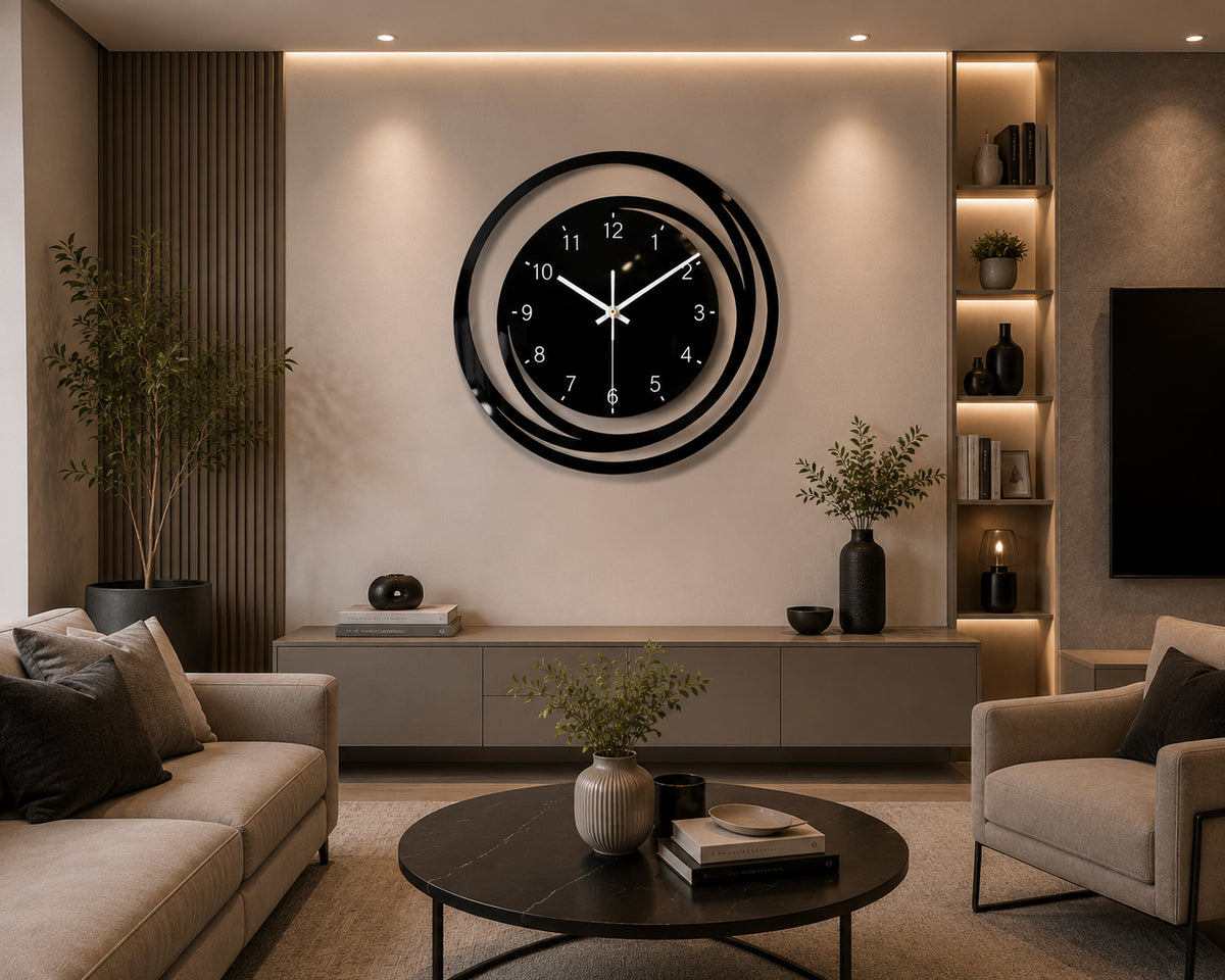 Modern Black Wall Clock – Elegant Spiral Design