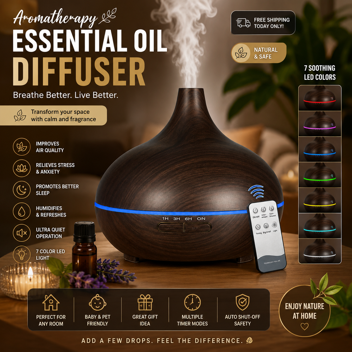 Wood Grain Essential Oil Diffuser & Humidifier