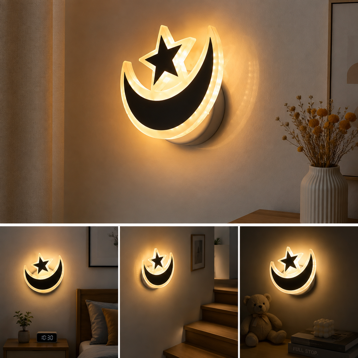 Modern LED Moon & Star Wall Light | Warm White Acrylic Night Light for Bedroom & Nursery