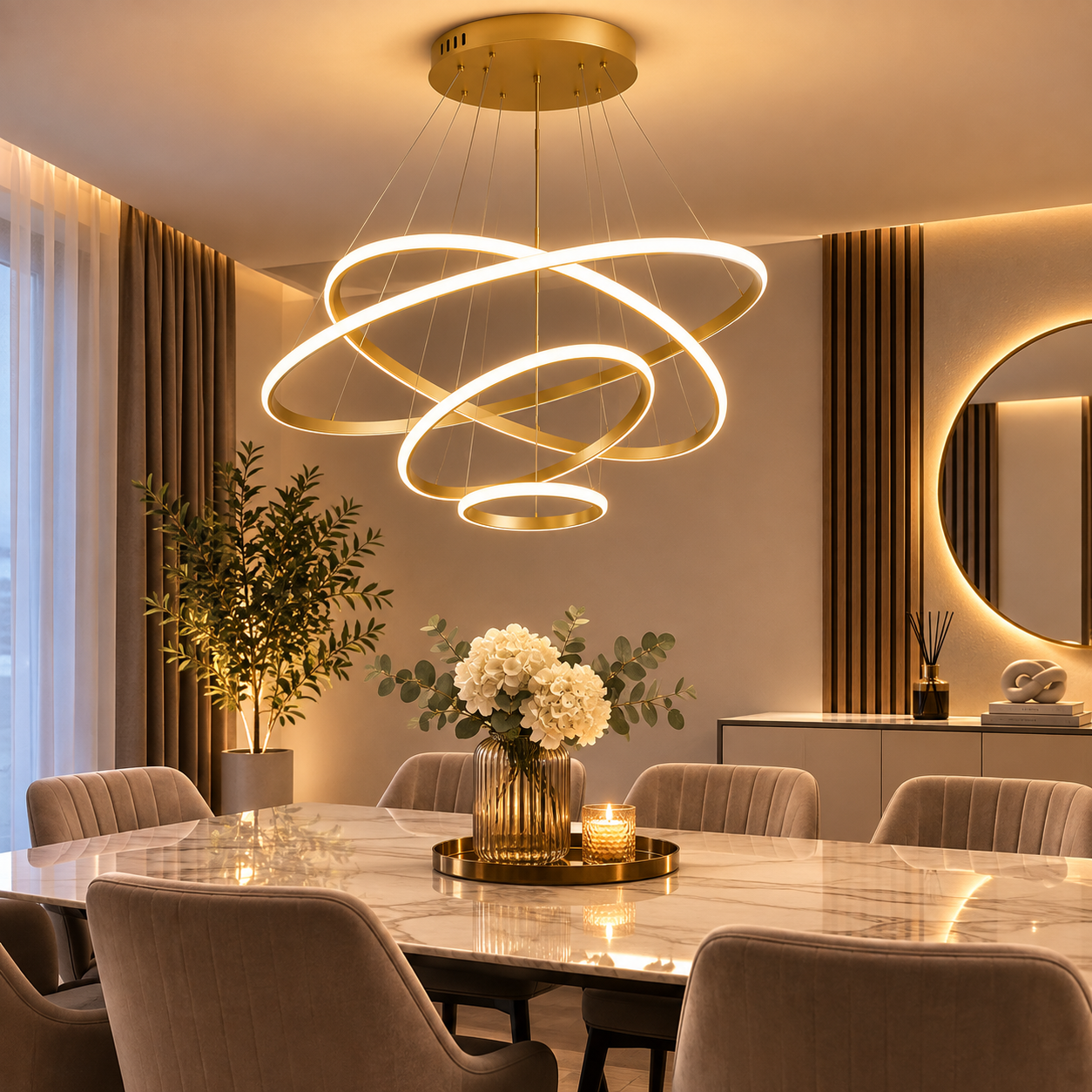 Modern LED Ring Chandelier – Dimmable Smart Ceiling Light with Remote Control