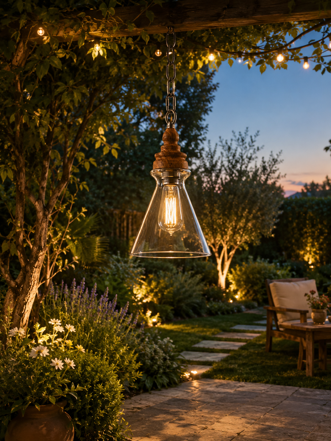 Vintage Wood & Glass Pendant Light