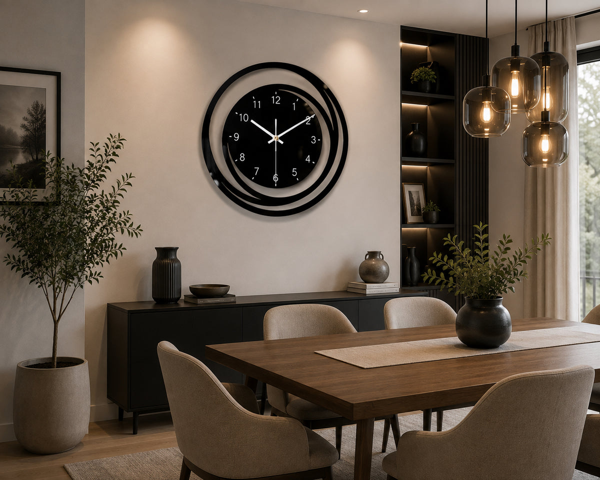 Modern Black Wall Clock – Elegant Spiral Design
