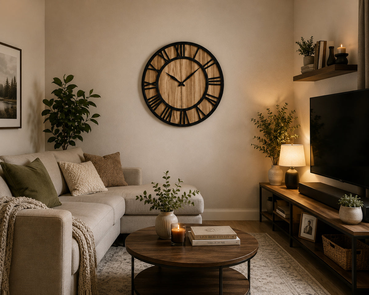 Large Rustic Wood Wall Clock – Roman Numeral Home Decor
