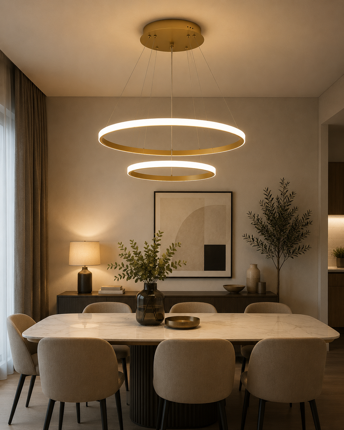 Modern LED Ring Chandelier – Dimmable Smart Ceiling Light with Remote Control