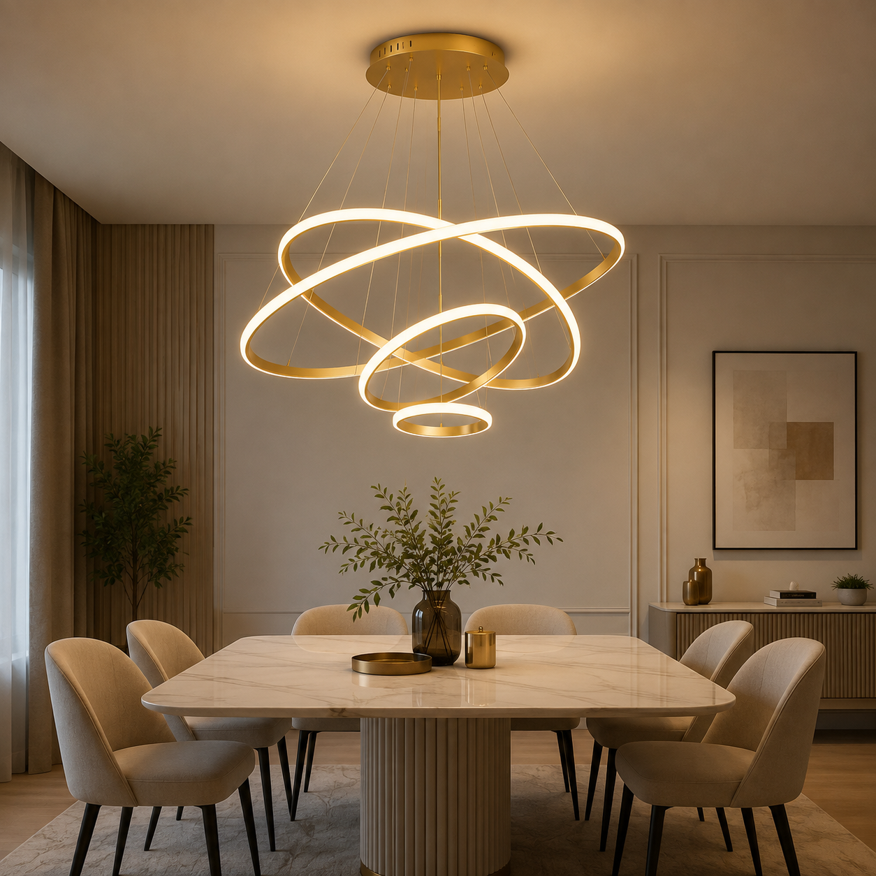 Modern LED Ring Chandelier – Dimmable Smart Ceiling Light with Remote Control