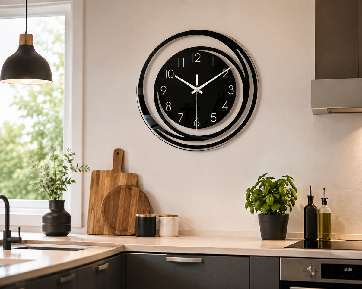 Modern Black Wall Clock – Elegant Spiral Design
