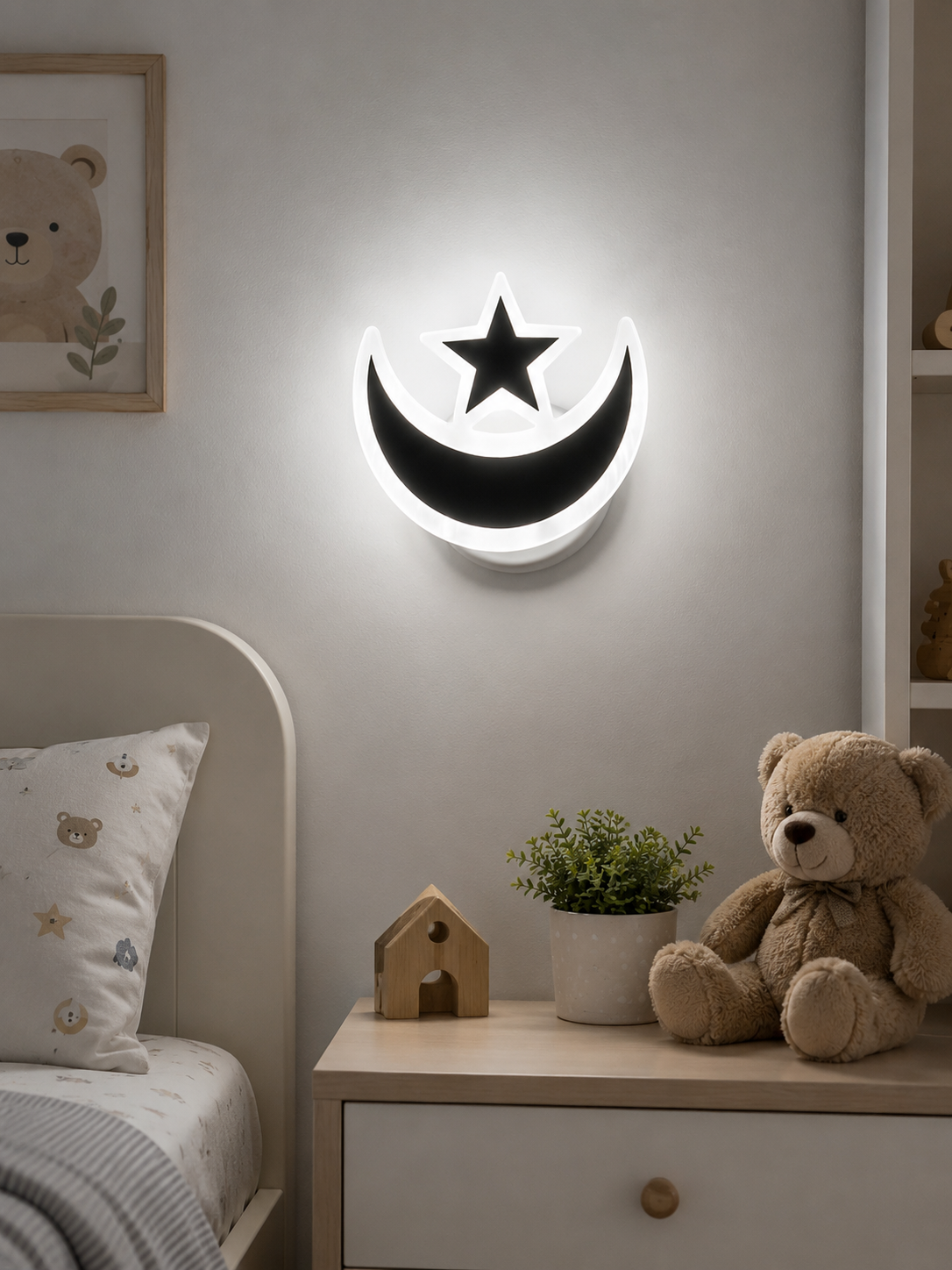 Modern LED Moon & Star Wall Light | Warm White Acrylic Night Light for Bedroom & Nursery